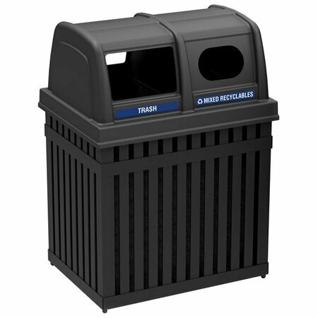 COMMERCIAL ZONE CZ 72720199 ArchTec Parkview 50 Gal Black Rectangular Double Trash / Recycle Receptacle, Decals 27872720199